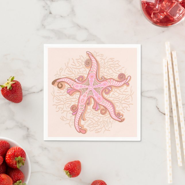 Starfish and Coral Pink Pastel Pattern Napkins (Insitu)