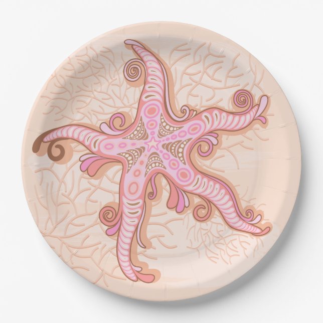 Starfish and Coral Pink Pastel Pattern Paper Plates (Front)