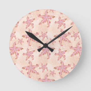 Starfish and Coral Pink Pastel Pattern Round Clock