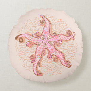 Starfish and Coral Pink Pastel Pattern Round Pillow