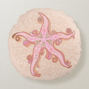 Starfish and Coral Pink Pastel Pattern Round Pillow