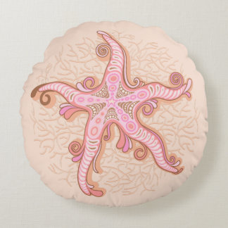 Starfish and Coral Pink Pastel Pattern Round Pillow