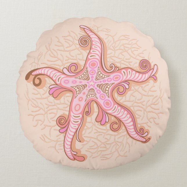 Starfish and Coral Pink Pastel Pattern Round Pillow (Front)