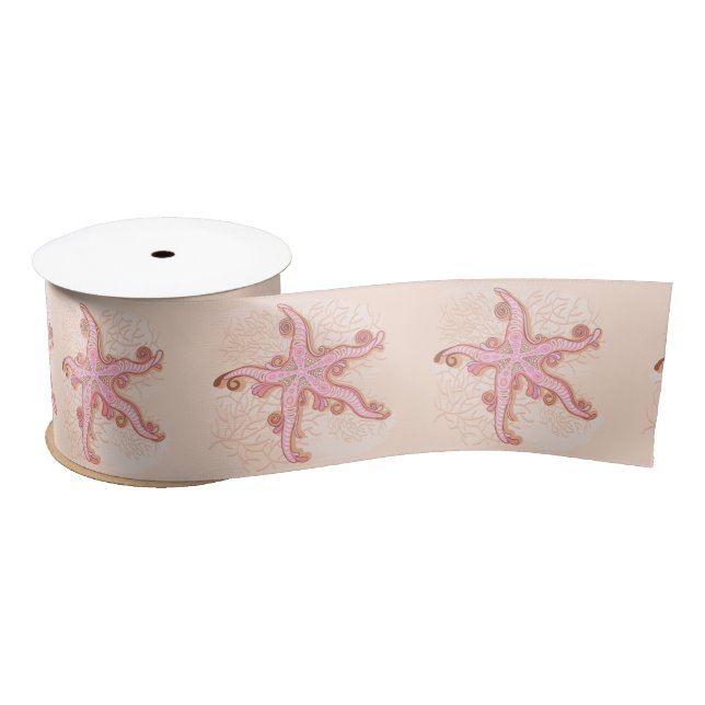 Starfish and Coral Pink Pastel Pattern Satin Ribbon (Spool)