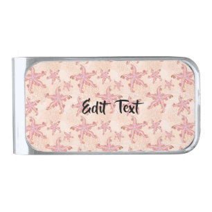 Starfish and Coral Pink Pastel Pattern Silver Finish Money Clip