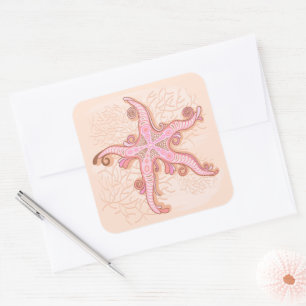 Starfish and Coral Pink Pastel Pattern Square Sticker