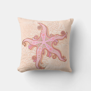 Starfish and Coral Pink Pastel Pattern Throw Pillow