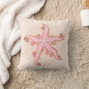 Starfish and Coral Pink Pastel Pattern Throw Pillow