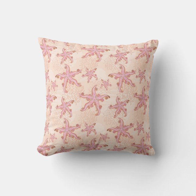 Starfish and Coral Pink Pastel Pattern Throw Pillow (Front)