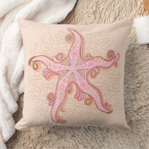 Starfish and Coral Pink Pastel Pattern Throw Pillow
