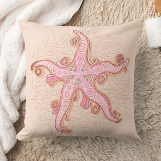 Starfish and Coral Pink Pastel Pattern Throw Pillow (Blanket)