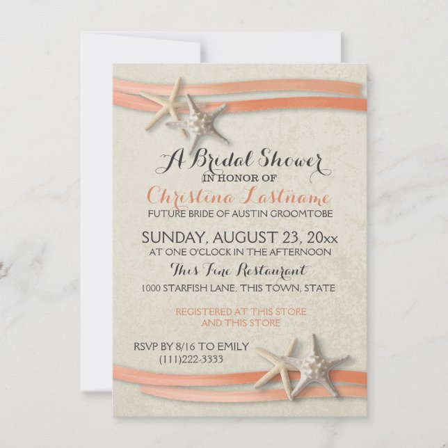 Starfish and Coral Ribbon Bridal Shower Invitation (Front)
