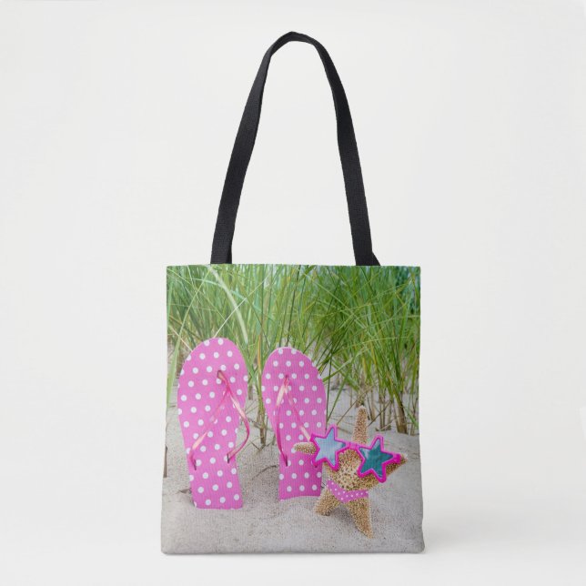starfish and flip-flops in sand tote bag (Front)