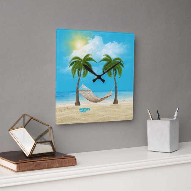 Starfish and Hammock on Tropical Beach  Square Wall Clock (Office)