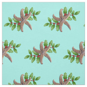 Starfish and Holly Pattern Beach Christmas Seafoam Fabric