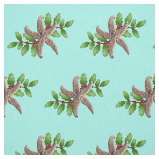 Starfish and Holly Pattern Beach Christmas Seafoam Fabric