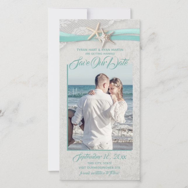 Starfish and Lace Aqua Gray Save the Date (Front)