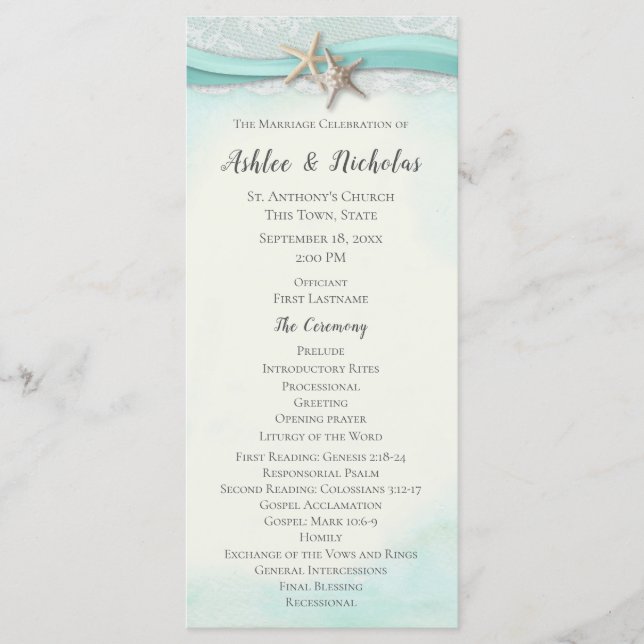 Starfish and Lace Aqua Wedding Program (Front)