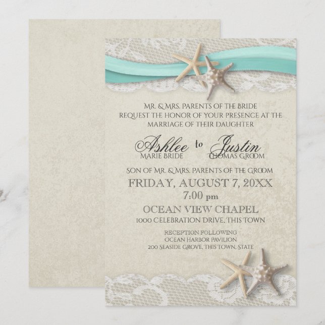 Starfish and Lace Beach Aqua Wedding Invitation (Front/Back)