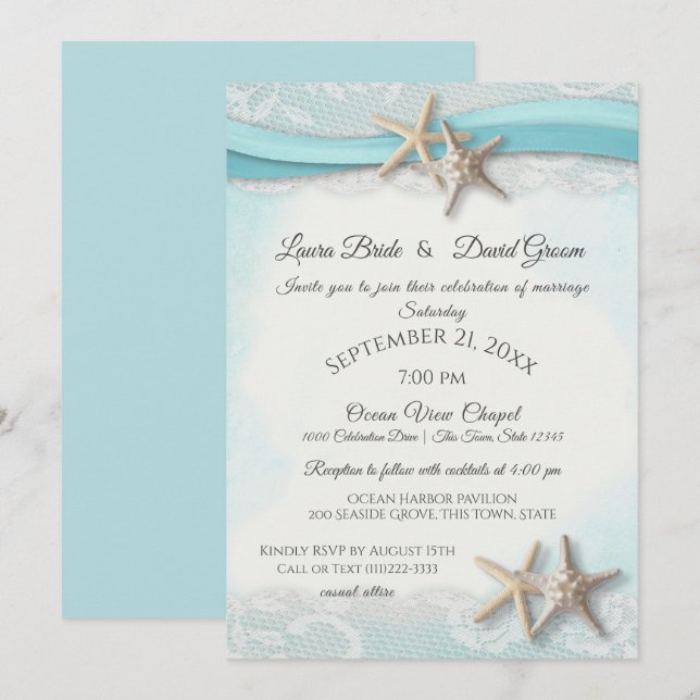 Starfish and Lace Beach Ocean Blue Wedding Invitation (Front/Back)