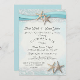 Starfish and Lace Beach Ocean Blue Wedding Invitation