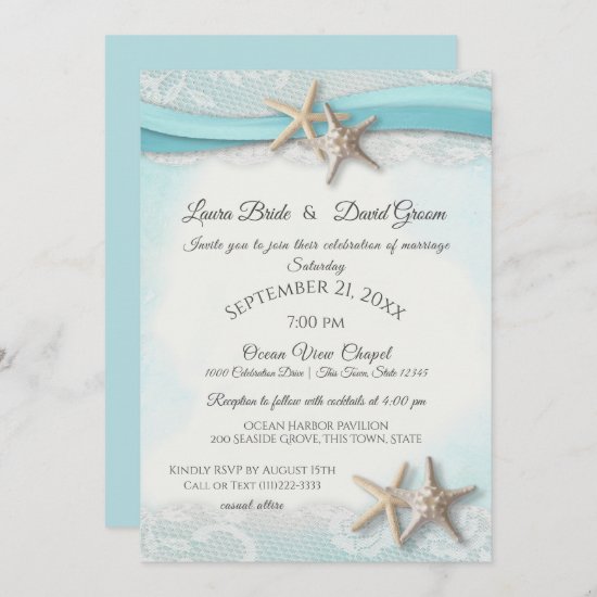Starfish and Lace Beach Ocean Blue Wedding Invitation