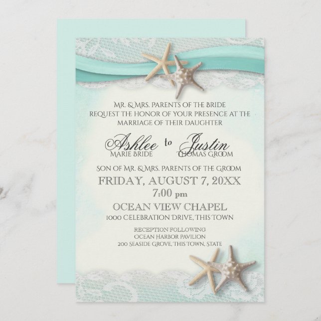 Starfish and Lace Beach Watercolor Aqua Wedding Invitation (Front/Back)