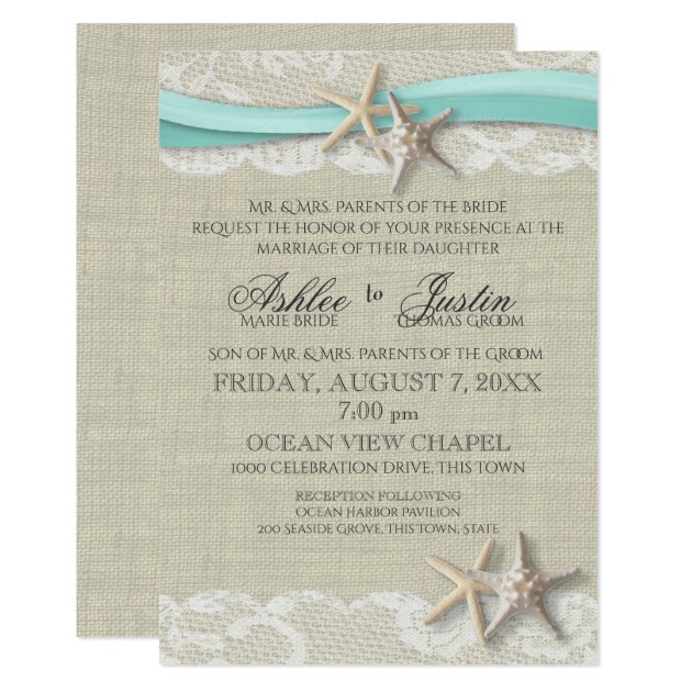 Starfish And Lace Rustic Beach Aqua Wedding Invitation