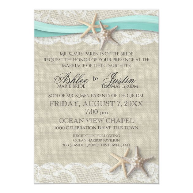 Starfish And Lace Rustic Beach Aqua Wedding Invitation
