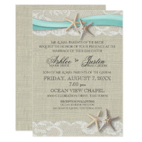 Starfish and Lace Rustic Beach Aqua Wedding Invitation