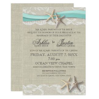 Starfish and Lace Rustic Beach Aqua Wedding Invitation
