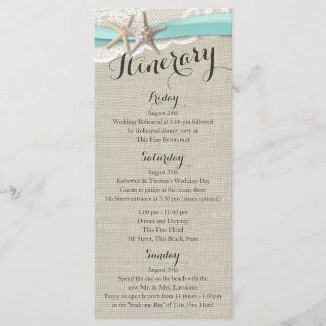 Starfish and Lace Rustic Beach Wedding Itinerary Program (Front)