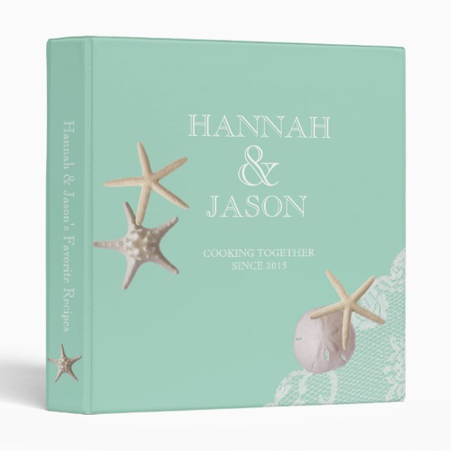 Starfish and Lace Seafoam Green Beach Recipes 3 Ring Binder (Front/Spine)