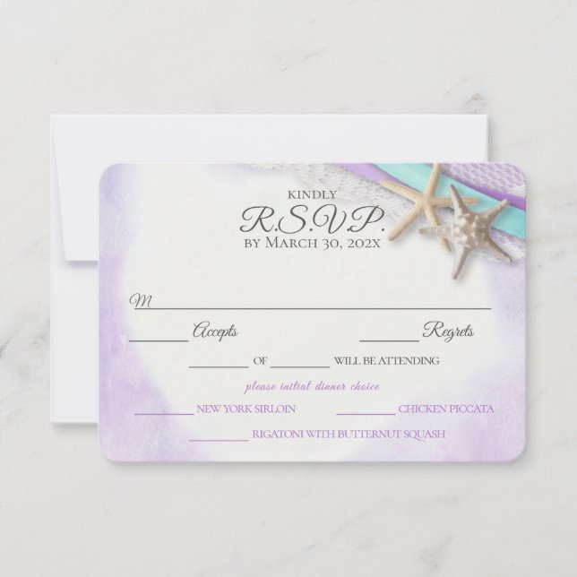 Starfish and Lace Vintage Beach Purple RSVP Card (Front)