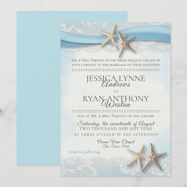 Starfish and Lace Vintage Blue Beach Wedding  Invitation (Front/Back)