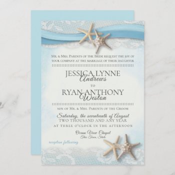 Starfish And Lace Vintage Blue Beach Wedding  Invitation by happygotimes at Zazzle