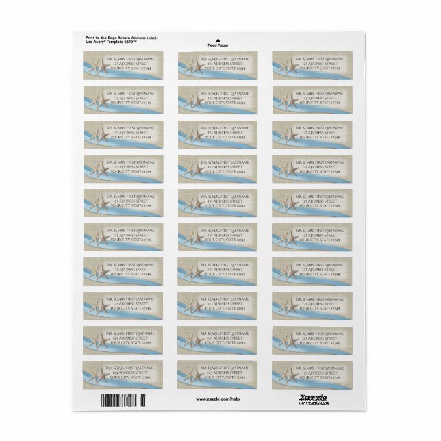 Starfish and Light Blue Ribbon Label (Full Sheet)