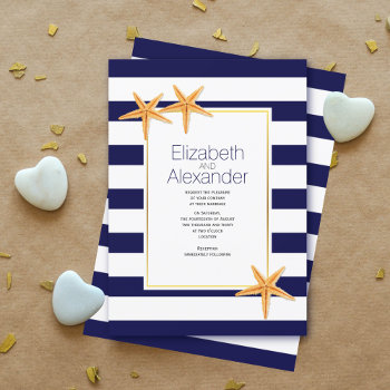 Starfish And Navy Blue White Stripes Beach Wedding Invitation by weddings_ at Zazzle