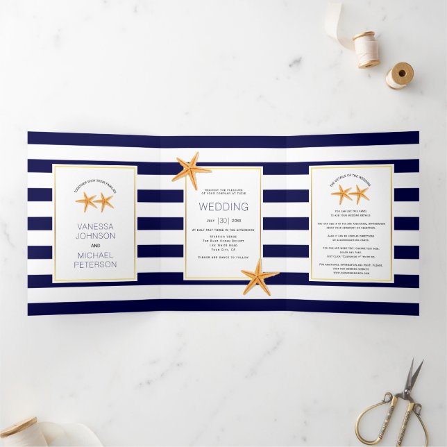 Starfish and navy blue white stripes beach wedding Tri-Fold invitation (Inside)