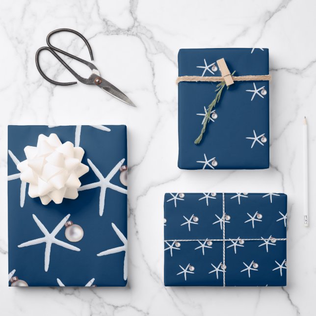Starfish and Ornament Beach Christmas Patterned Wrapping Paper Sheets (Front)