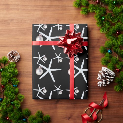 Starfish and Ornaments Black Tropical Christmas Wrapping Paper