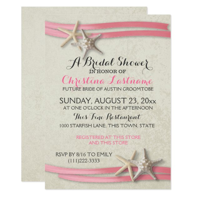 Starfish And Pink Ribbon Bridal Shower Invitation