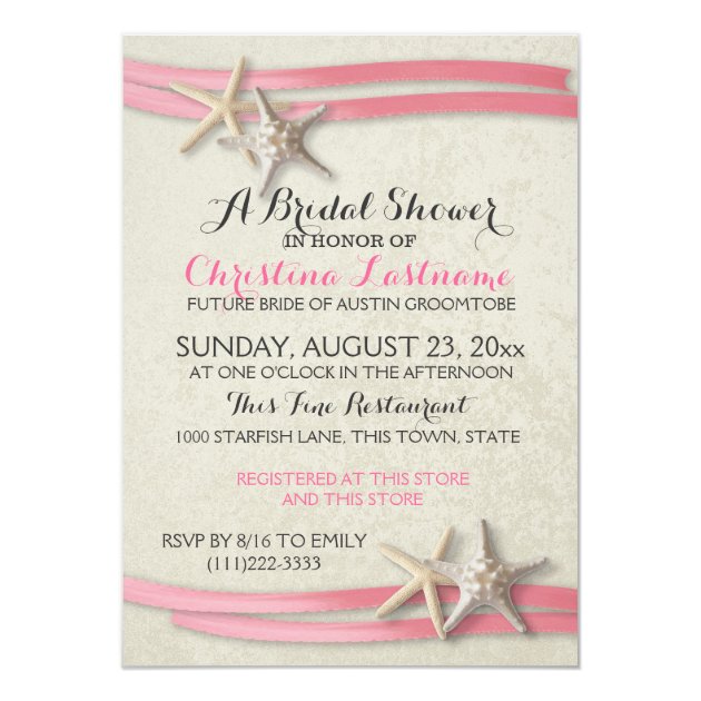 Starfish And Pink Ribbon Bridal Shower Invitation