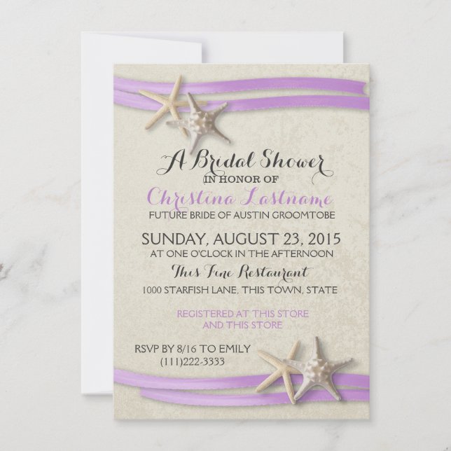 Starfish and Purple Ribbon Bridal Shower Invitation (Front)