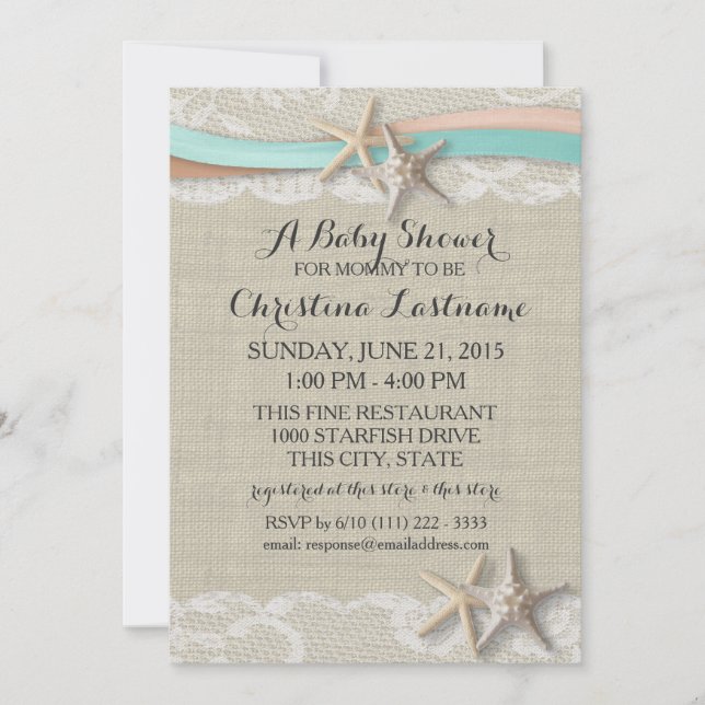 Starfish and Ribbon Aqua Peach Baby Shower Invitation (Front)