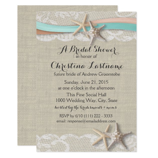 Starfish And Ribbon Aqua Peach Bridal Shower Invitation