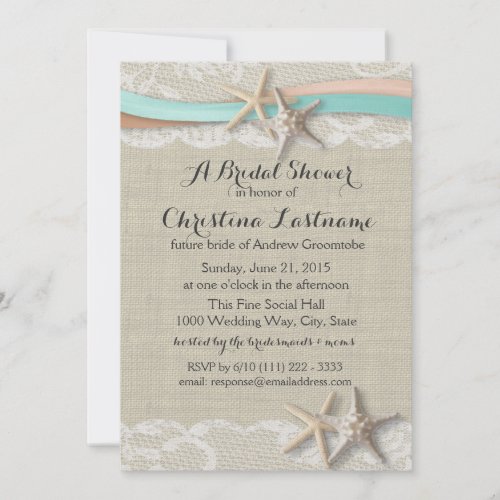 Starfish and Ribbon Aqua Peach Bridal Shower Personalized Invite
