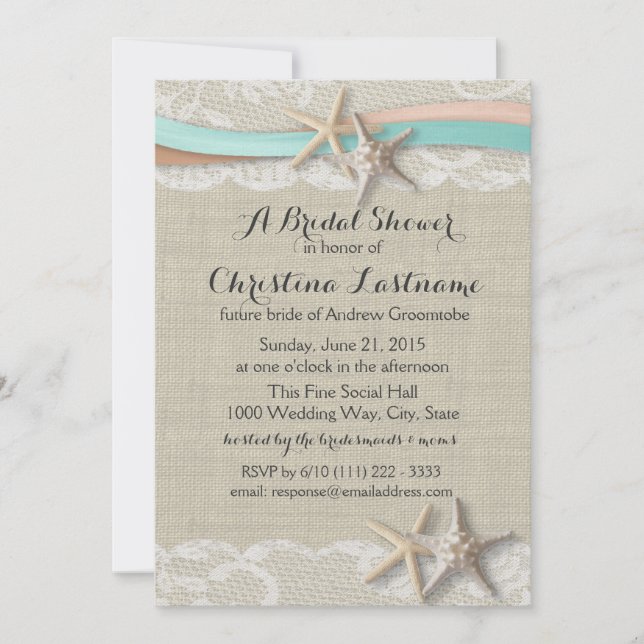 Starfish and Ribbon Aqua Peach Bridal Shower Invitation (Front)