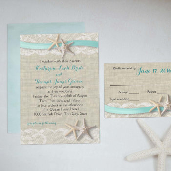 Starfish And Ribbon Beach Aqua Invitation by happygotimes at Zazzle
