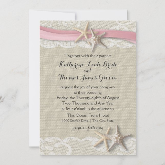 Starfish and Ribbon Beach Pink Invitation (Front)